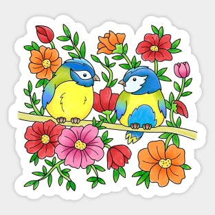 Cute Blue Tit Bird Couple Blue Tits Flowers Spring Summer Design Sticker